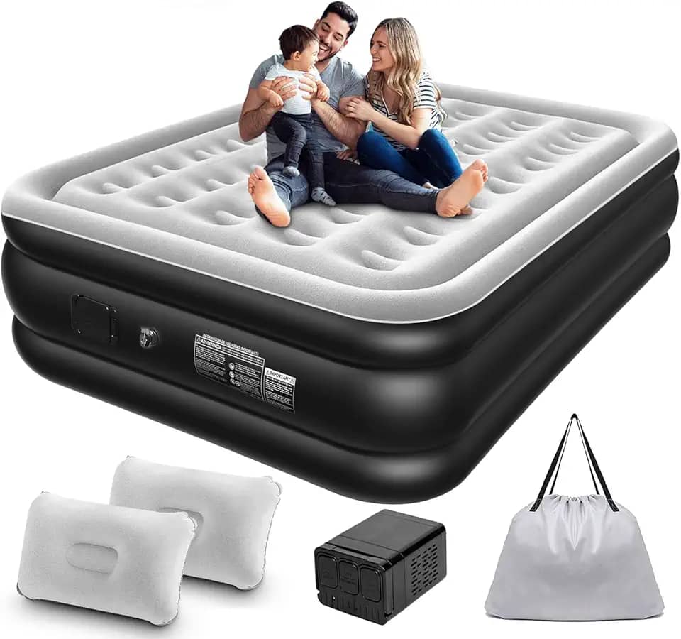 Colchão Inflável Queen Size 205 * 155CM com Bomba de ar Elétrica Recarregável Embutida, Inflação e Deflação Rápidas e Automáticas, para Viagens e Acampamentos (Preto e Branco)