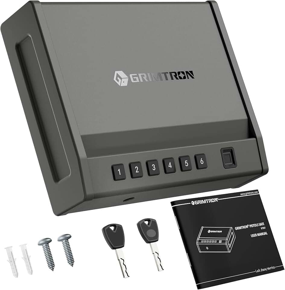 Grimtron Cofre biométrico com 100 impressões digitais, teclado retroiluminado e teclas de reserva – Caixa de bloqueio de arma para uso em mesa-de-cabeceira, cabeceira, carro, caminhão e veículo