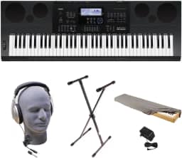 Casio Pacote de teclado premium WK-6600 PPK 76 teclas com suporte, adaptador de alimentação, capa contra poeira e fones de ouvido Samson HP30