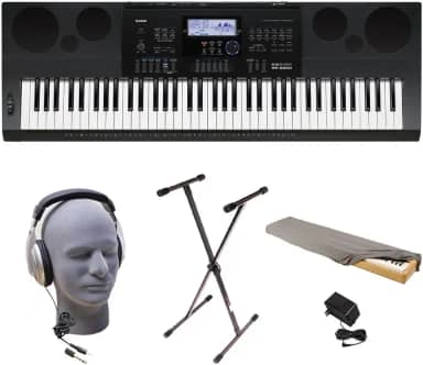 Casio Pacote de teclado premium WK-6600 PPK 76 teclas com suporte, adaptador de alimentação, capa contra poeira e fones de ouvido Samson HP30