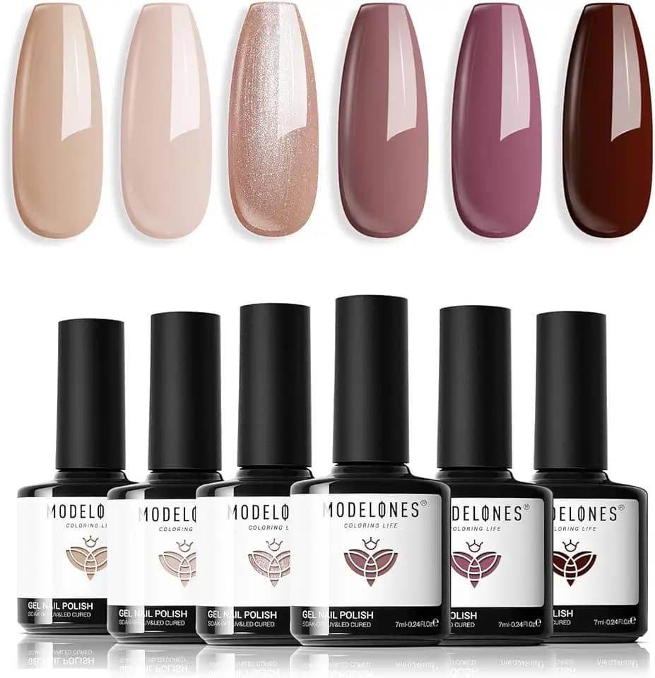 modelones Gel Nail Polish Set -6 Colors Fall Winter Nude Brown Gel Polish Kit Neutral Raspberries Purple Pearl Glitter Nail Polish Soak Off LED Starter Kit Manicure Nail Art Salon DIY Gift