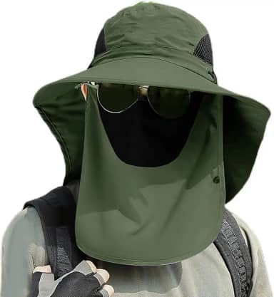 Chapéu de sol unissex ao ar livre com aba larga removível no pescoço e cobertura facial respirável para pesca, caminhada, acampamento, 1 peça