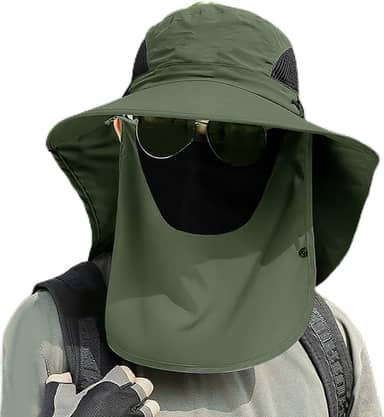 Chapéu de sol unissex ao ar livre com aba larga removível no pescoço e cobertura facial respirável para pesca, caminhada, acampamento, 1 peça