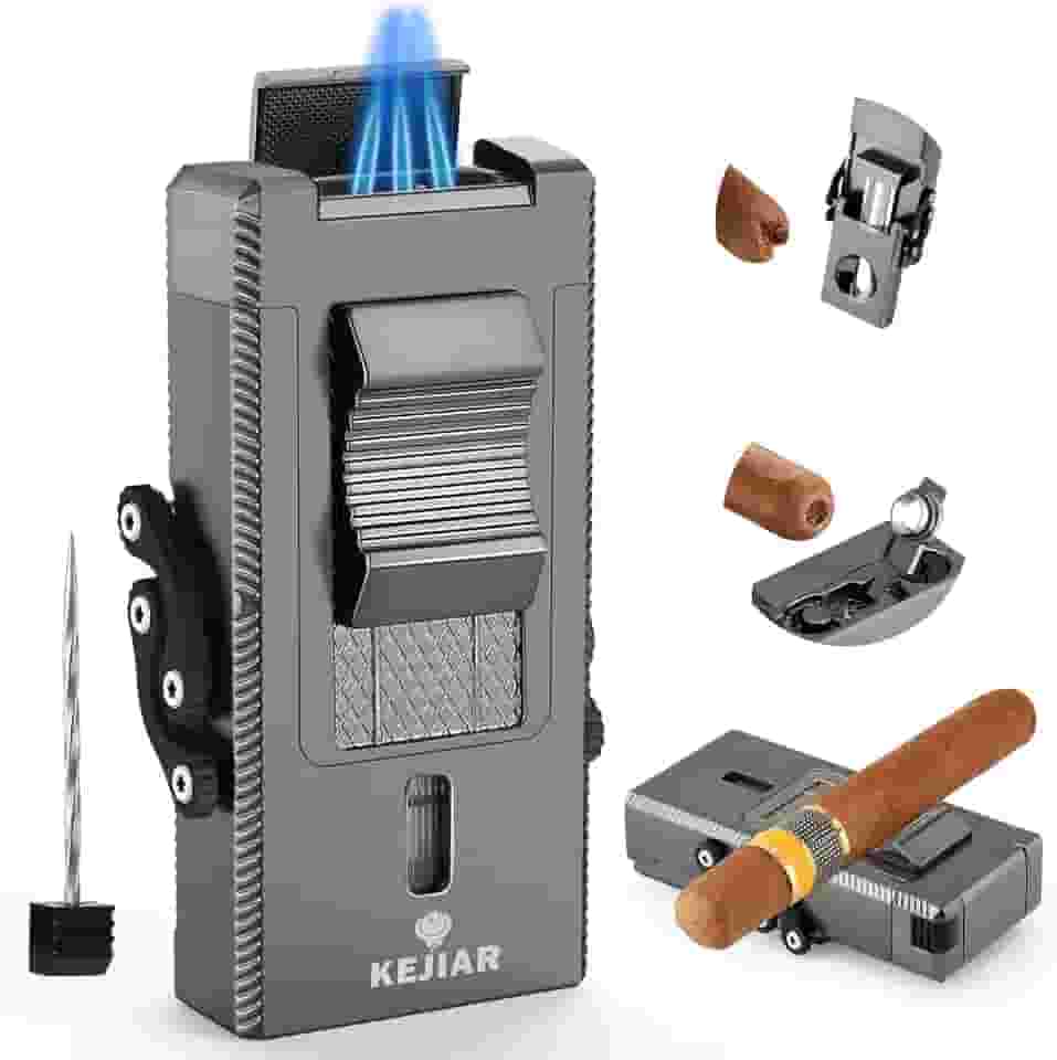 KEJIAR Isqueiro Maçarico para Charutos, Isqueiro Butano Recarregável À Prova de Vento com Cortador Em V para Charutos, Furador para Charutos, Suporte para Charutos, Intensificador de Tiragem de Charut