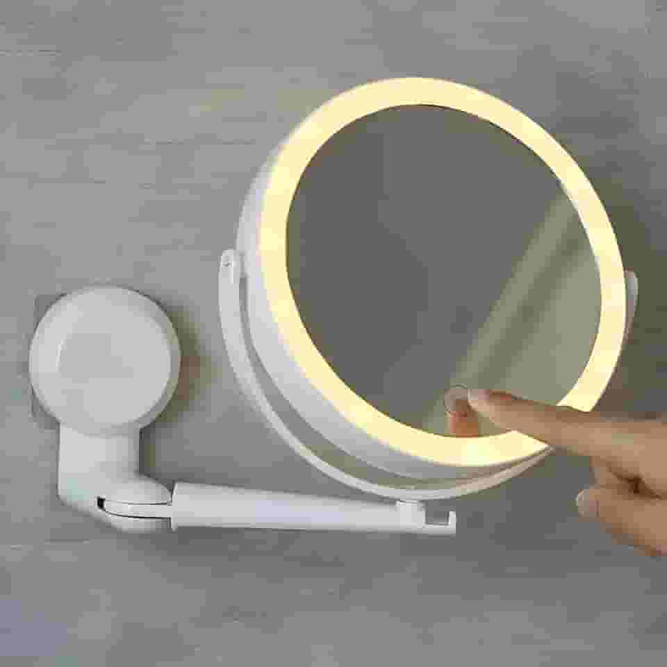 Espelho de Parede com LED 360° Dobrável – Aumento 5x, Iluminação Touch 3 Tons, Recarregável e Ajustável para Maquiagem e Banheiro - BRANCO