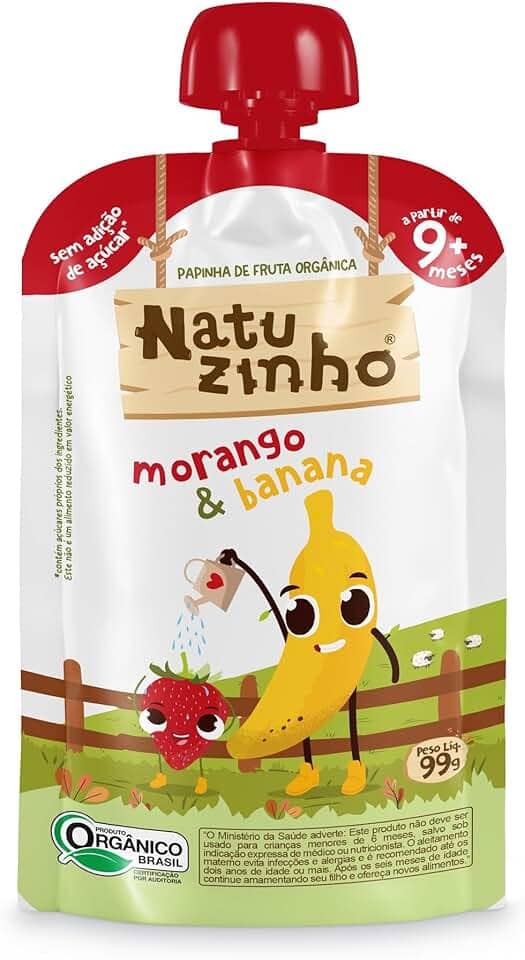 Natuzinho, Papinha Orgânica para Bebê, Sabor Morango e Banana, Sem Açúcar, Aditivos ou Conservantes, Estimula o Paladar, 99g