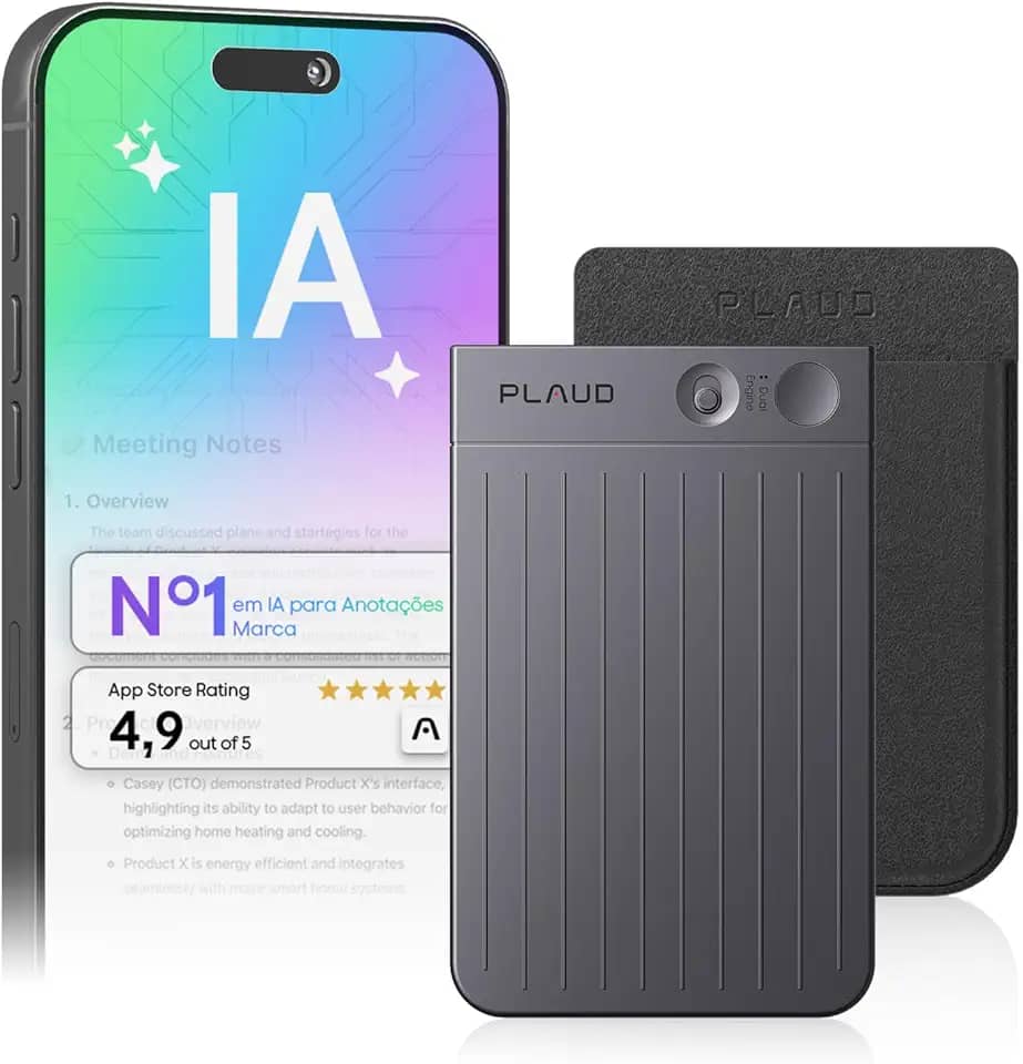 Gravador de voz com IA, gravador de áudio Plaud Note c/capa, controle de aplicativo, transcrição e resumo com tecnologia de IA, suporte a 112 idiomas (Note preta com estojo preto)