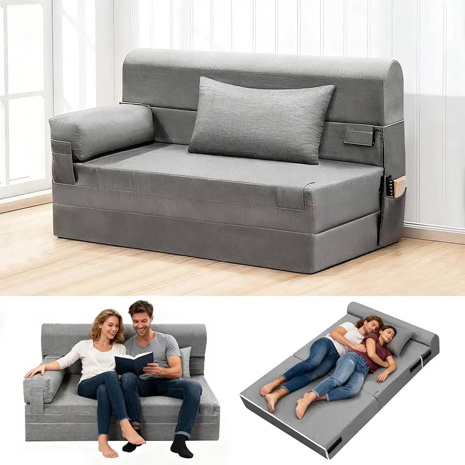 Sofá-cama dobrável - cadeira conversível com travesseiro e apoio de braço, tecido de linho moderno confortável para chão e futon, colchão dobrável para sala de estar/convidados/escritório em