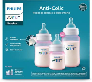 Kit Triplo Mamadeira Anti-Colic Philips Avent SCY119/19 125ml + 260ml + 330ml Rosa