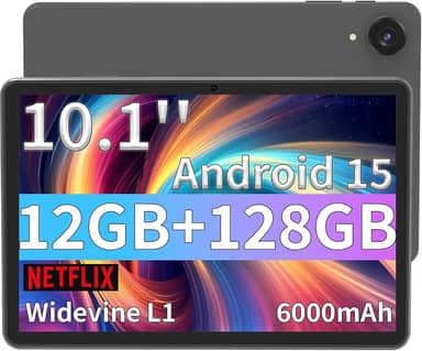 ECOPAD Tablet Android 15, tablets de 10,1 polegadas com processador Octa-core, tela HD IPS, 12 GB de RAM + 128 GB de ROM, suporta expansão de 1 TB, WiFi de banda dupla, BT 5.0, carregamento rápido de