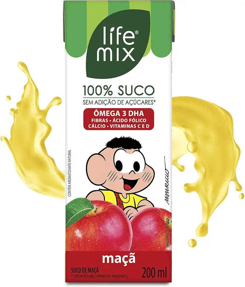 LIFE MIX Turma da Mônica - Suco de Maçã em Caixinha - 100% Suco, Sem Adição de Açúcares, Sem Conservantes e Corantes, Ômega 3 DHA, Vitaminas C e D, Cálcio, Fibras - Vegano - 200ml