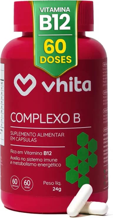 Vhita Complexo B, Suplemento Alimentar com Vitaminas B1, B2, B3, B5, B6, B7, B9 e B12, Rico em Vitamina B12, Manganês, 60 Cápsulas