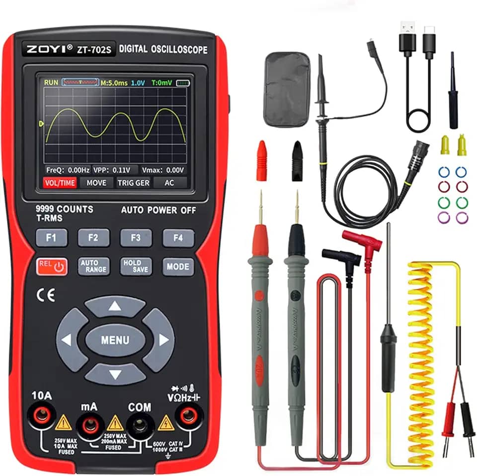 ZNZHNSI Multímetro osciloscópio automotivo digital portátil 702s 2 em 1, largura de banda de 10mhz de canal único, comprimento de registro de 64kbyte, alta taxa de amostragem de 48msa/s, tes