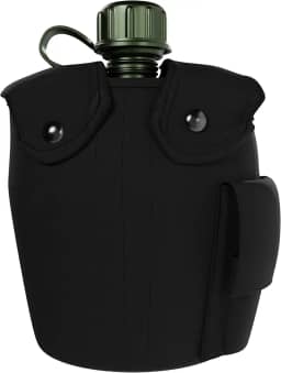 BaHoki Essentials Cantil de alumínio com tampa e copo – Kit de garrafa de água estilo militar – para acampamento ao ar livre, mochilão, caminhada (preto)