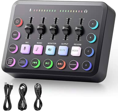 Interface de Audio, Mixer de Áudio RGB para Gaming com 5 Canais, Fonte Fantasma 48V, Live Sound Card with XLR Microphone Interface, Controle Individual, Botão Mute, for Podcast/Vocal/Gravação/Jogos