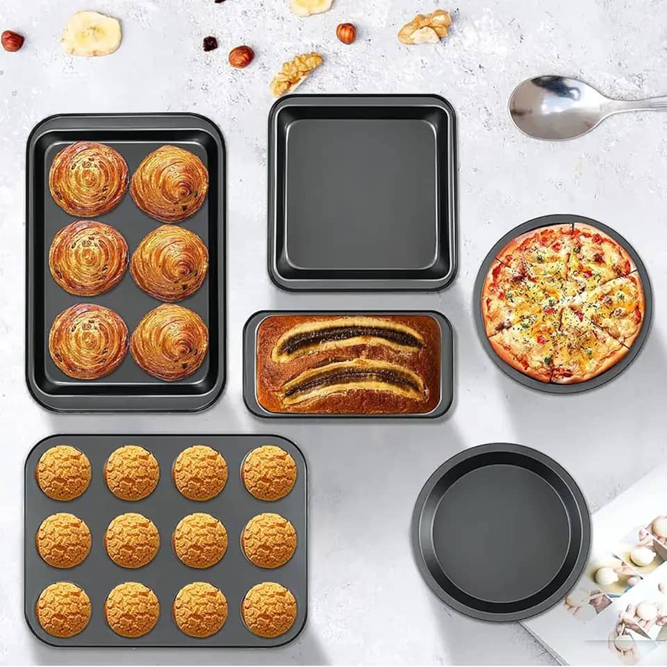Conjunto de 6 peças assadeira antiaderente, Seguro assadeira retangular, Livre de BPA, empilhável, Lavável na máquina de lavar louça, Material de aço carbono, Resistente ao calor até 232°