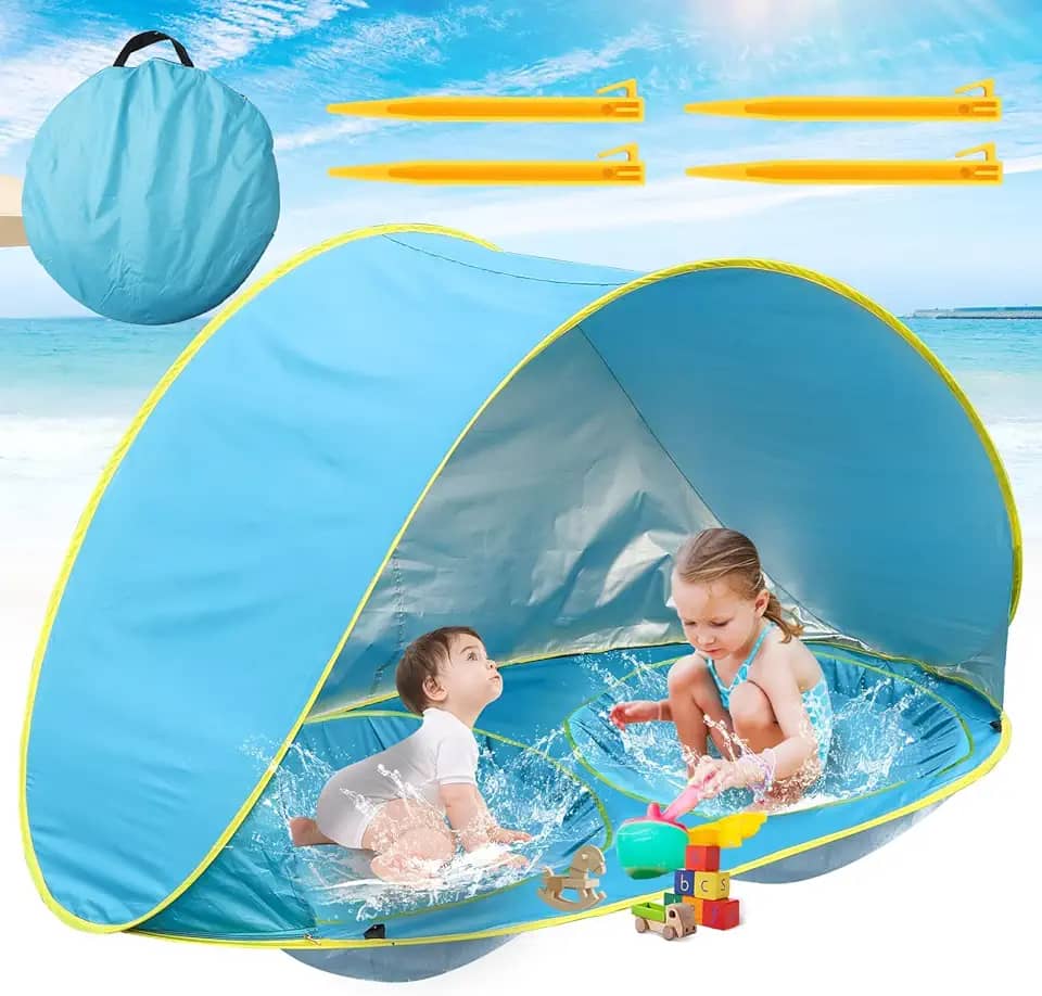Barraca de Praia, Barraca de Praia Dupla, Sombra, Piscina E Proteção UV (Azul), Tenda de Praia, portátil E Automática Instantânea, Fácil de Dobrar E Estourar