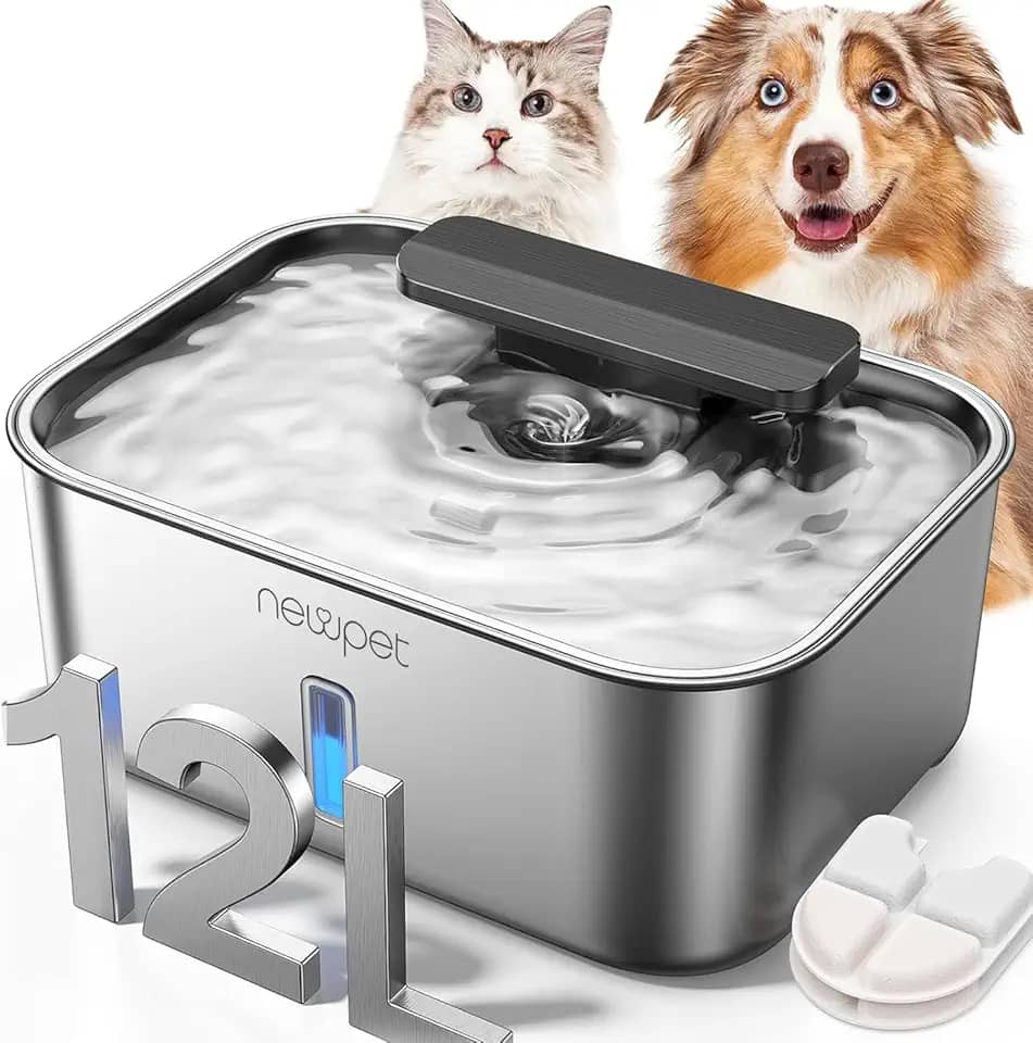 12L Fonte de água para Cães Sem Fio para Cães de Grande Porte: Tigela de água de Aço Inoxidável - Fonte de água Super Silenciosa para Gatos Grandes com Nível de água Visual, Bivolt