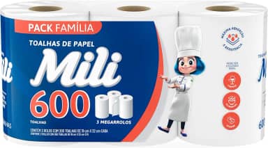 Papel Toalha Mili Folha Dupla, 600 Folhas (3 Rolos de 200 Folhas) – Alta Absorção, Máximo Rendimento e Resistência Multiuso para Cozinha