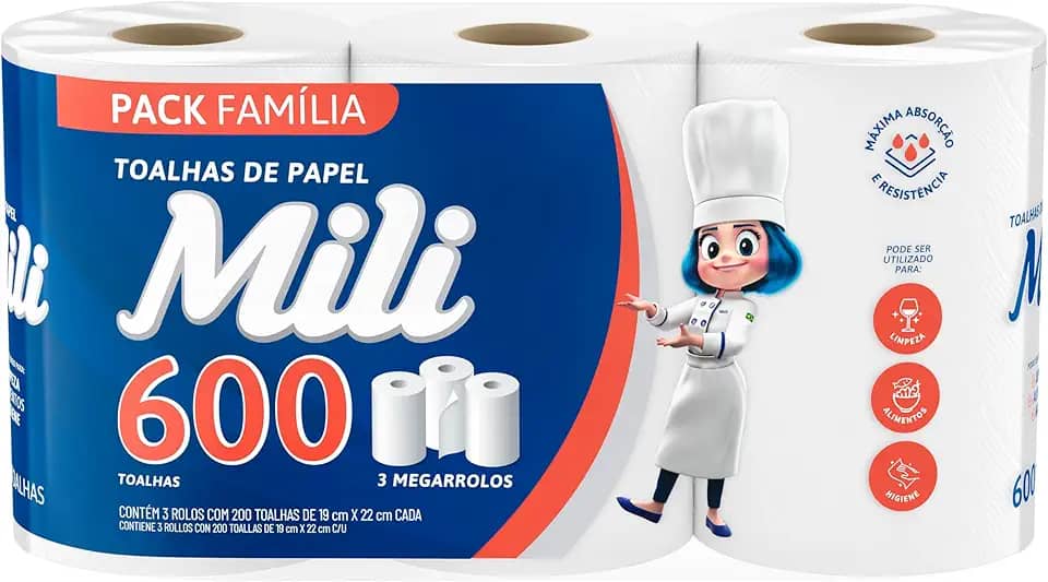 Papel Toalha Mili Folha Dupla, 600 Folhas (3 Rolos de 200 Folhas) – Alta Absorção, Máximo Rendimento e Resistência Multiuso para Cozinha