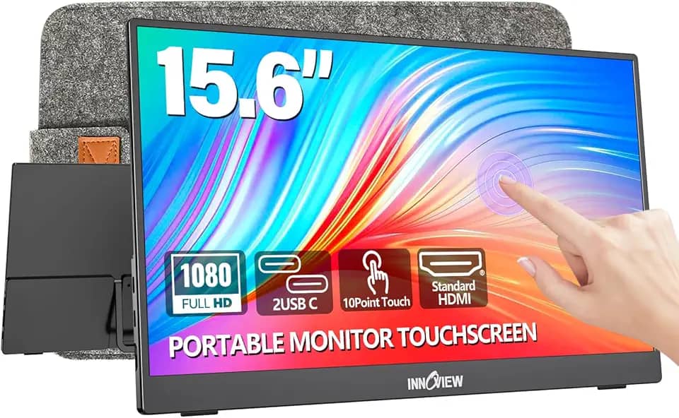 InnoView Monitor portátil com tela sensível ao toque de 15,6 polegadas, 1080p, 10 pontos, portátil, com capa protetora e suporte integrado, monitores 1200:1 HDMI USB C para viagem para laptop, PC, Mac