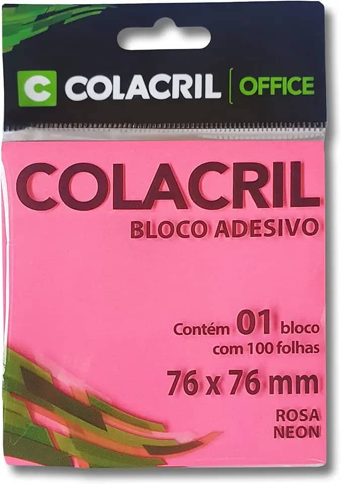 Colacril Bloco Adesivo Reposicionável, Rosa Neon, 76x76 mm com 100 fls