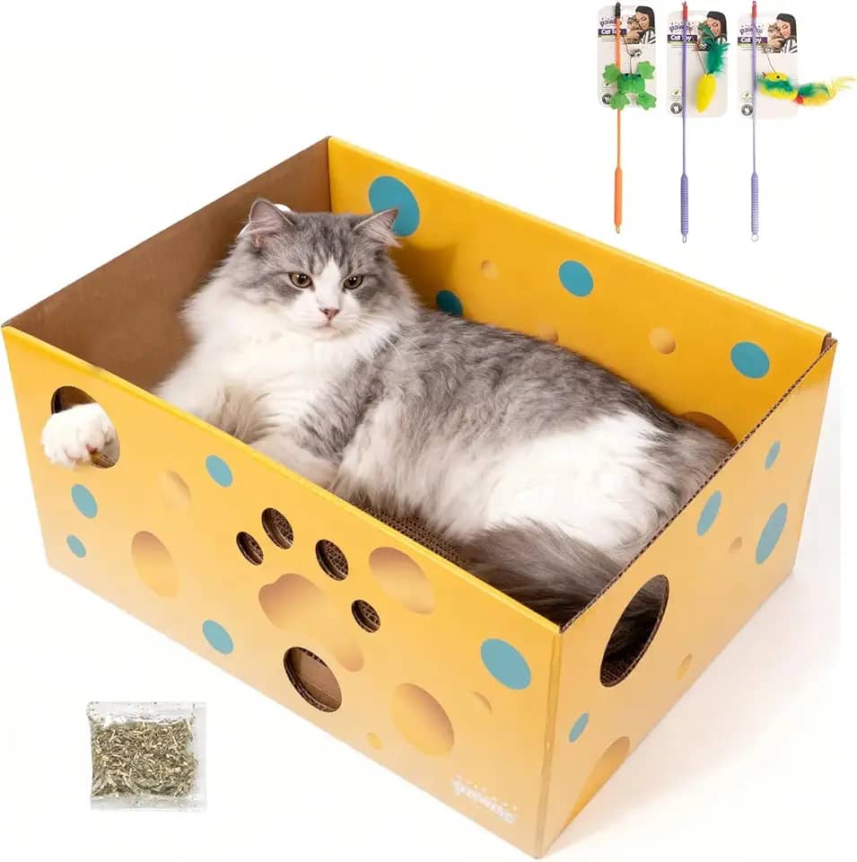 Pawise Caixa arranhadora de papelão resistente para gatos com 2 almofadas recarregáveis e furos Peekaboo – Caixa grande para gatos internos + varinha de brinquedo bônus para gatos