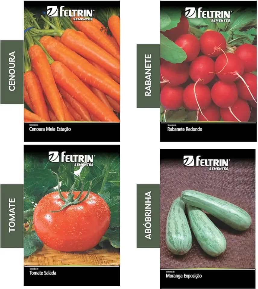Kit 4 Sementes Legumes Horta Em Casa Jardins Vasos (Cenoura, Rabanete, Tomate, Abóbrinha)