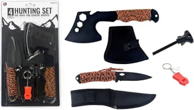 SE Kit essencial de sobrevivência de 4 peças com machado de 26 cm, faca de ponta de gota de 20 cm, acionador de fogo de magnésio e apito de 115 dB - equipamento de caça e uso ao ar livre