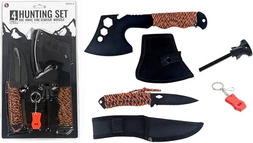 SE Kit essencial de sobrevivência de 4 peças com machado de 26 cm, faca de ponta de gota de 20 cm, acionador de fogo de magnésio e apito de 115 dB - equipamento de caça e uso ao ar livre
