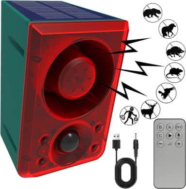 Alarme solar com sensor de movimento externo – QXMH Dog latido e som de tiro, suporta gravação e ± volume, luz de alarme com detector de movimento de 130 db, com USB para casa, casa, fazenda, celeiro