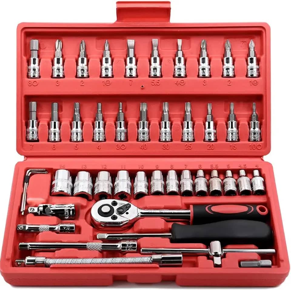 Kit Ferramentas 46 Peças com Chave Catraca 1/4", Soquetes Métricos Allen e Torx, Barra Extensora, Aço Cromo Vanádio – Maleta Compacta para Reparos Automotivos, Oficina e Uso Doméstico - Premium