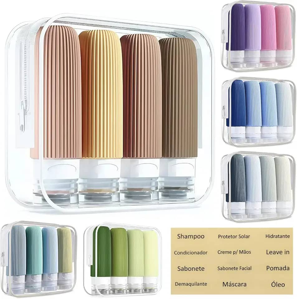 Kit 4 Frascos Potes Silicone Viagem 90ml Canelado Aprovado TSA - Adesivos em Português (Bege e Marrom)