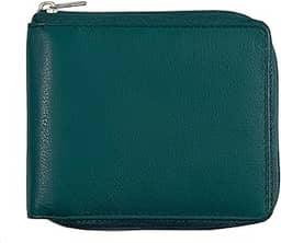 Carteira masculina de couro bovino dobrável com bloqueio de RFID com zíper | Corrente de zíper de metal segura com 9 cartões de identificação fina e minimalista, Verde floresta, One Size