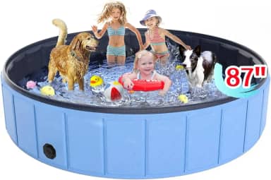 Piscina grande dobrável para cães, 221 x 40,6 cm, Hyperzoo grande, dobrável, para cães, PVC à prova de vazamento, banheira dobrável para cachorros, pequenos, médios, grandes, cães e crianças, azul