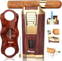 Moniup Isqueiro De Maçarico 4 Em 1, Com Conjunto De Cortador De Charuto Em V, Furador De Charuto Integrado, Suporte De Charuto E Intensificador De Tiragem, Acessórios Para Charutos, Presentes Para H