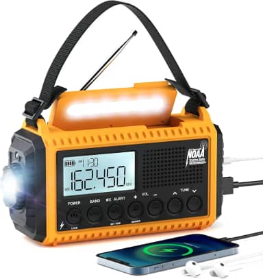 Rádio meteorológico de emergência automático NOAA, rádio de manivela solar, rádio de emergência portátil operado por bateria com ondas curtas AM FM, carregador USB, lanterna de LED, relógio, alerta