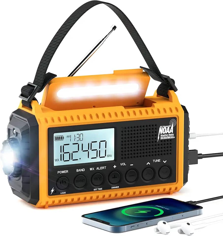 Rádio meteorológico de emergência automático NOAA, rádio de manivela solar, rádio de emergência portátil operado por bateria com ondas curtas AM FM, carregador USB, lanterna de LED, relógio, alerta