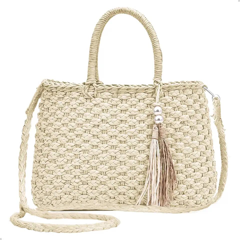 Bolsa De Palha Feminina Perola Alça Transversal Verão Acessório Praia