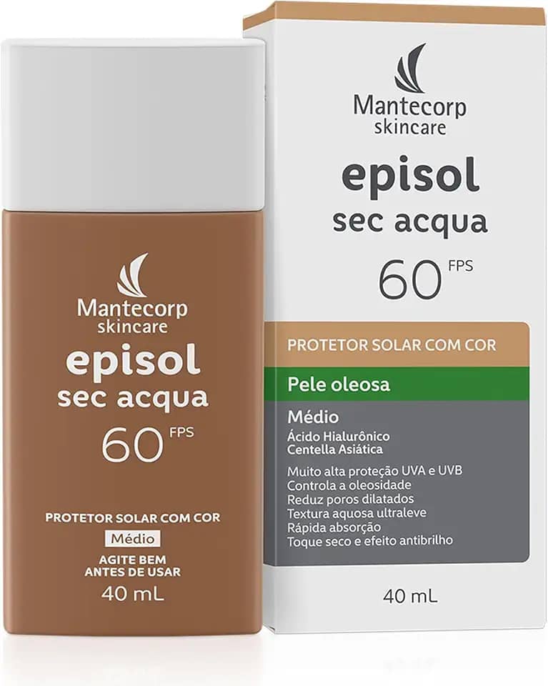 Mantecorp - Protetor Solar Episol Sec Acqua FPS 60 Médio - Base Aquosa Ultraleve com Cor - Proteção e Controle da Oleosidade - 40ml