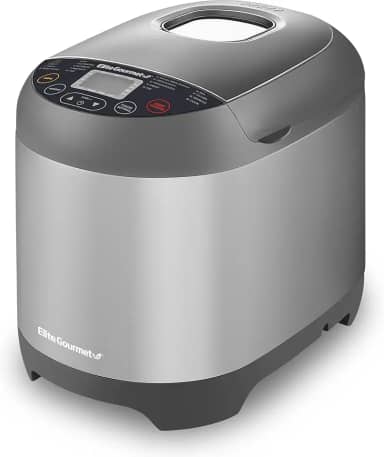 Elite Gourmet EBM8103SS Máquina de fazer pão programável, 3 tamanhos de nozes, 19 funções de menu, sem glúten, trigo branco, centeio francês e mais, 900 g, aço inoxidável
