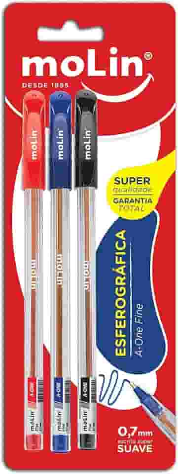 Esferográfica A-One Fine 0,7mm, Blister com 3 Unidades, Molin 1069, Amarelo