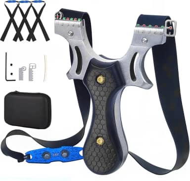 Timbocca estilingue, estilingue de aço inoxidável para adultos, tiro para prática de caça e tiro, vem com 3 faixas de borracha planas e um estojo de armazenamento