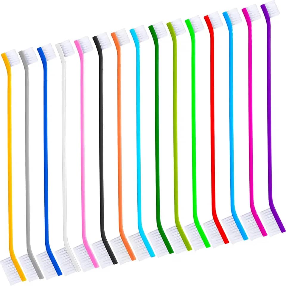 Nuenen 15 escovas de dentes para cães, duas cabeças, kit de escovação de dentes para filhotes, escova de dentes de cabo longo para cães grandes e pequenos, gatos, a maioria dos animais de estimação