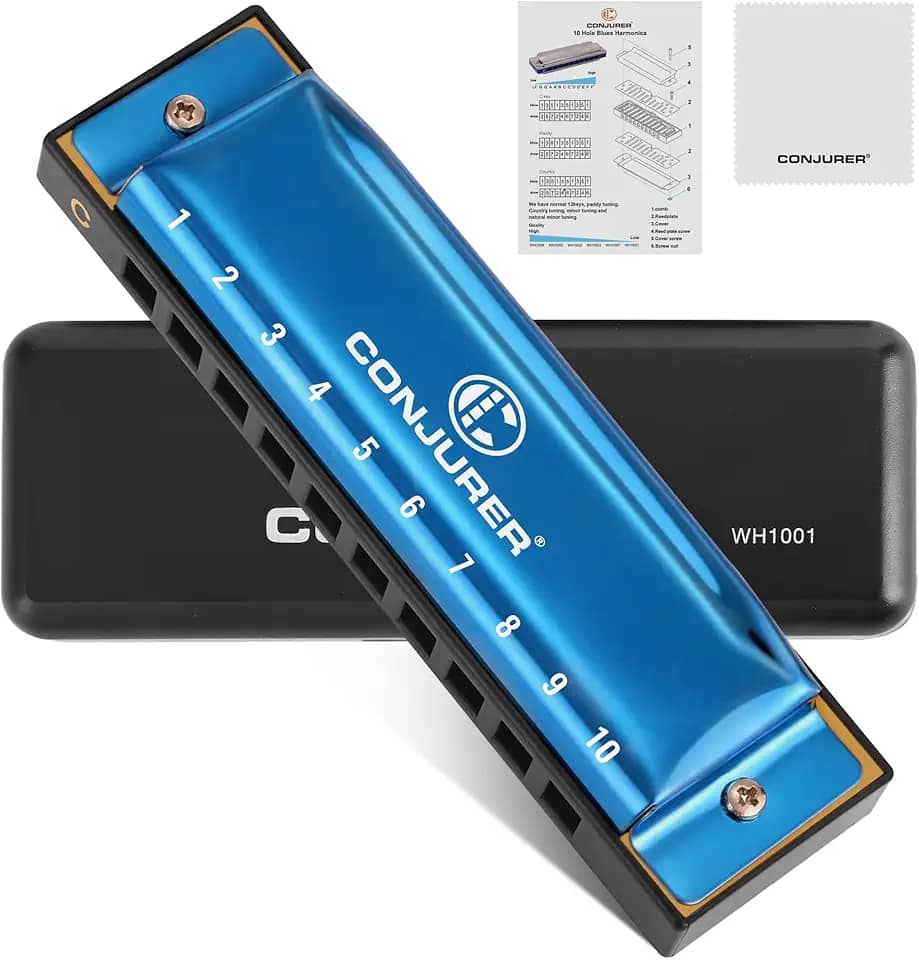 CONJURER Gaita Blues para iniciantes adulto 10 furos chave C gaita diatônica para praticar e tocar, palheta de latão órgão de boca de metal, harpa azul com capa, azul