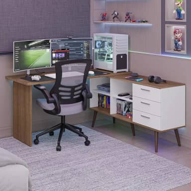 Mesa para Computador Gamer em L 3 Gavetas Branco/rustic Lisboa Madesa