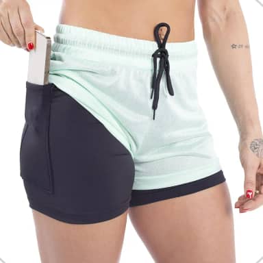 Shorts 2 em 1 Duplo Feminino Com Suporte para Celular Academia Fitness