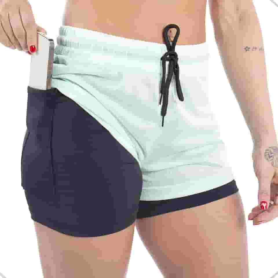 Shorts 2 em 1 Duplo Feminino Com Suporte para Celular Academia Fitness