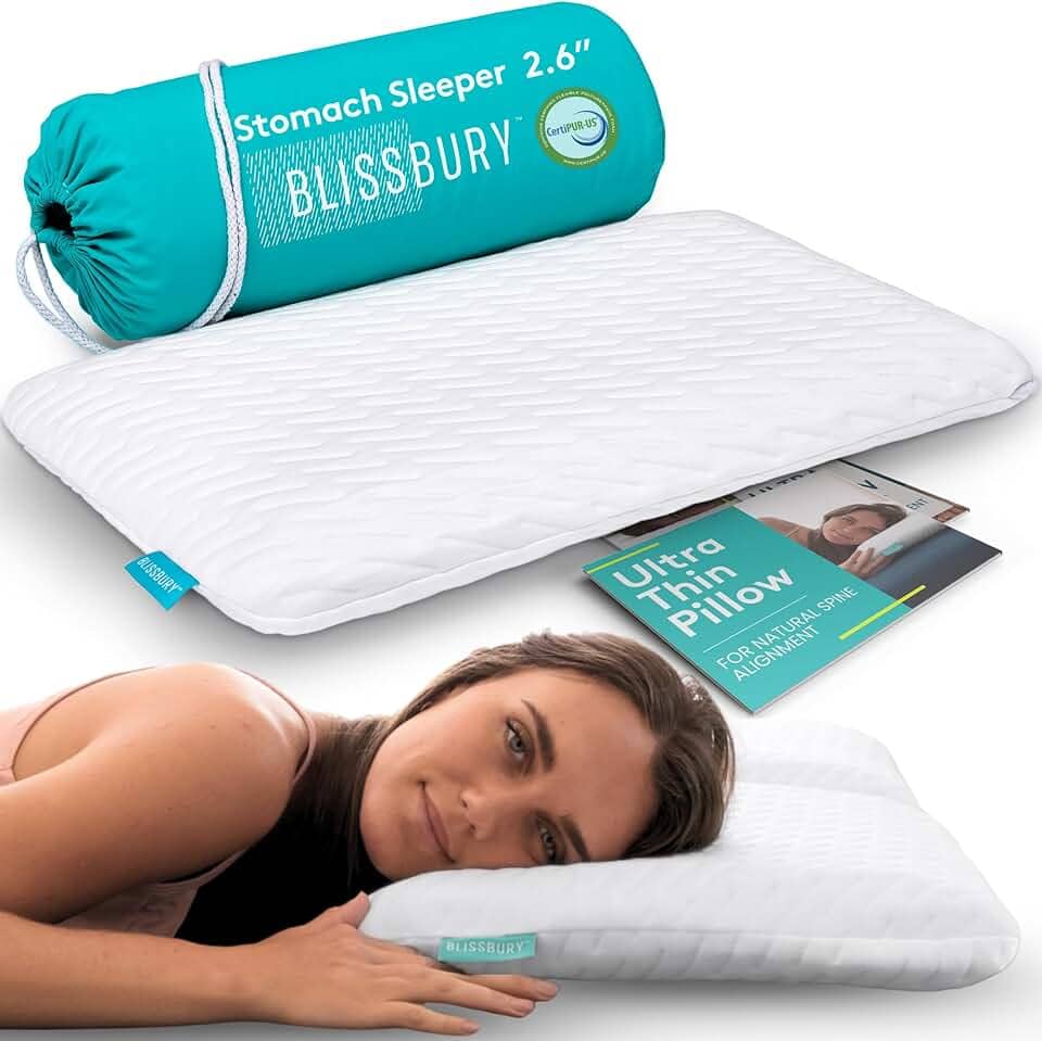 Travesseiro BLISSBURY para dormir de bruços – Travesseiros planos | Travesseiro fino de espuma viscoelástica para quem dorme de bruços | Travesseiro ultrafino para dormir | Travesseiro fino para