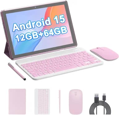 Tablet Android 15 de 10 polegadas, 12 (4 + 8 expansão) GB de RAM + 64 GB de ROM, câmera dupla de 2 + 8 MP, bateria de 6000 mAh (tablet + estojo + caneta stylus + beyboard + mouse) (rosa)